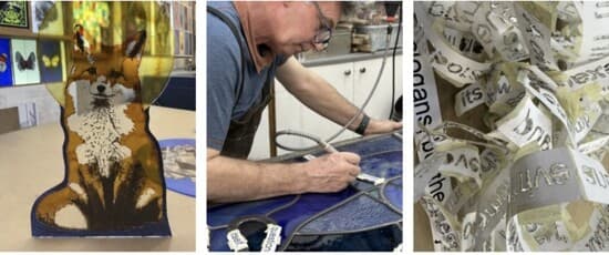 Finished fox panel, Richard engraving lettering into lead, and the resulting lead shavings