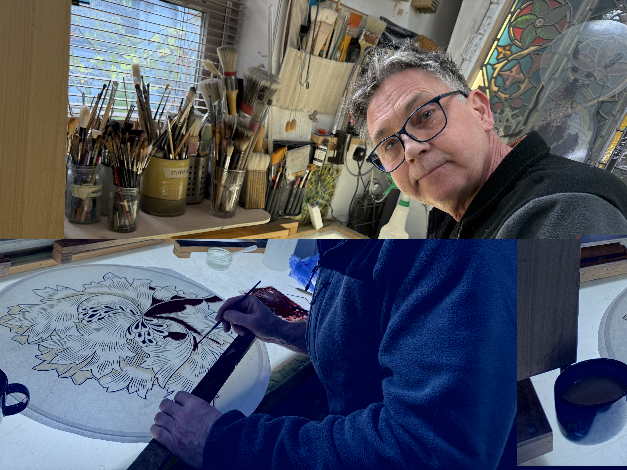Richard Paton painting one of the detailed motifs for the stained-glass window